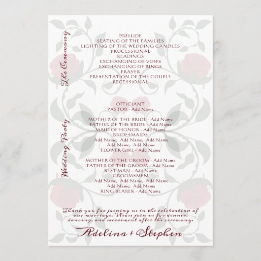 Gothic Wedding Rote Rosen Moody Order of Service Programm (Rückseite)