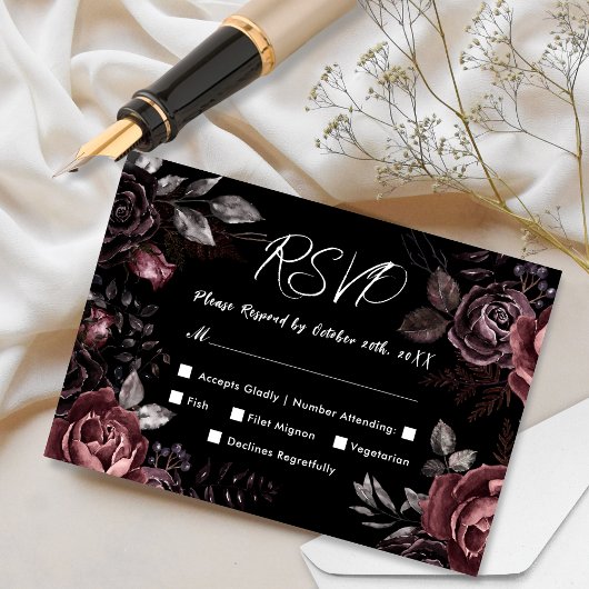 Gothic Wedding RSVP Schwarz Dunkel Vintage Blüte Karte
