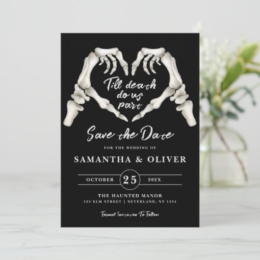 Gothic Wedding Save the Date Halloween Black Skull (Stehend Vorderseite)