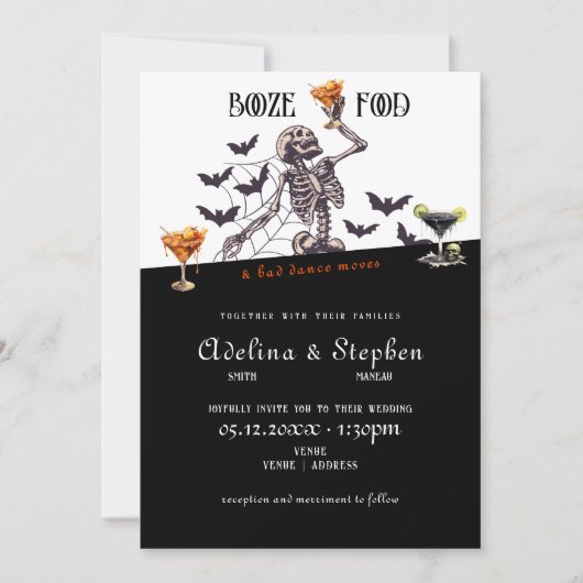 Gothic Wedding Skeleton Booze Food Bad Dance Moves Einladung (Vorderseite)