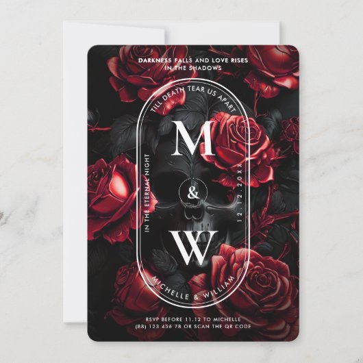 Gothic Wedding Skull Rose Monogram Black Red Einladung (Vorderseite)