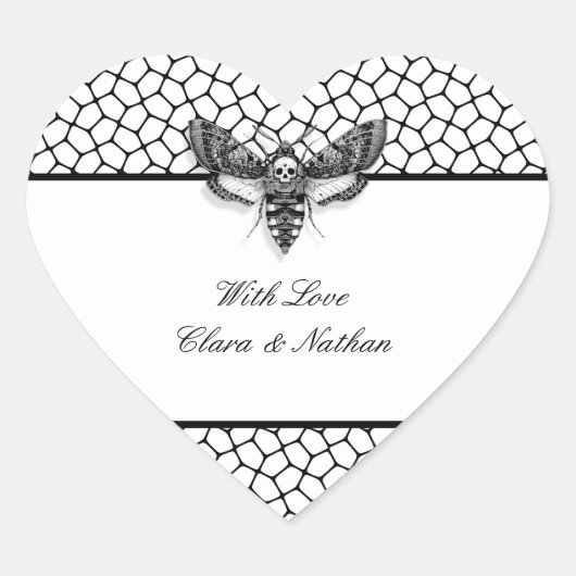 Gothic Wedding Sticker - Moth & Lace Black & White (Vorderseite)