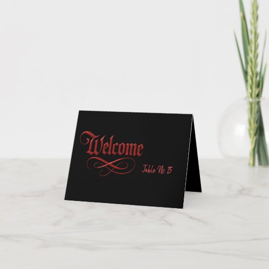 Gothic Welcome Table Card - Red Metallic Script Dankeskarte (Vorderseite)