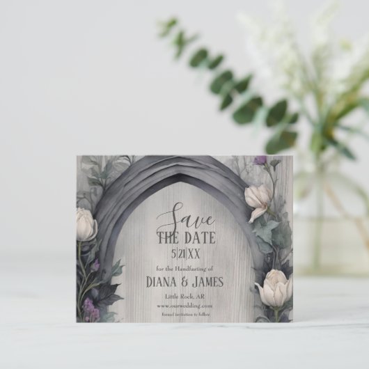 Gothic White Floral Arch Pagan Handfasts Save The Date (Stehend Vorderseite)
