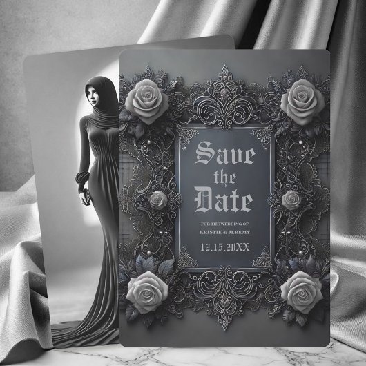 Gothic White Gray Floral Foto Save the Date