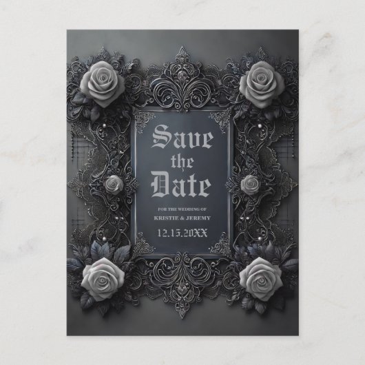 Gothic White Roses on Gray Save the Date Ankündigungspostkarte (Vorderseite)