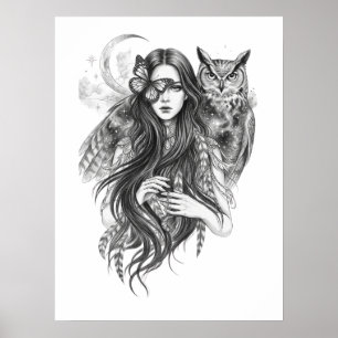 Gothic-Wicca-Hexe und Eule Dark Folklore Art Poste Poster