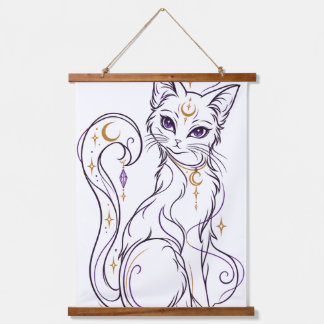 Gothic-Wicca-Katze-Linienkunst Himmelsmagie Wandteppich Mit Holzrahmen