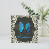Gothic Wirbel Blue Butterfly Steampunk Hochzeit Einladung (Stehend Vorderseite)