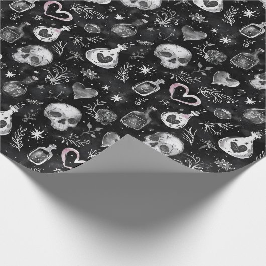 Gothic Witchcraft Liebe Potion Schädelherzen Geschenkpapier (Ecke)