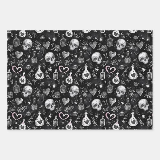 Gothic Witchcraft Liebe Potion Schädelherzen Geschenkpapier Set (Vorderseite)
