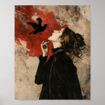 Gothic Woman with Raven Dark Fantasy Wandkunst