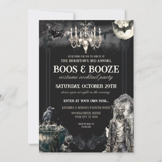 Gothic Zombie Apocolypse Boos & Booze Halloween Einladung (Vorderseite)
