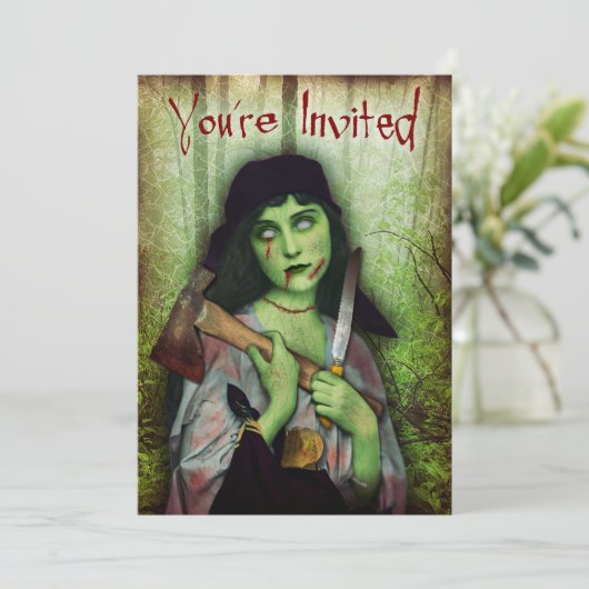 Gothic Zombie Girl Halloween Horror Einladung (Stehend Vorderseite)