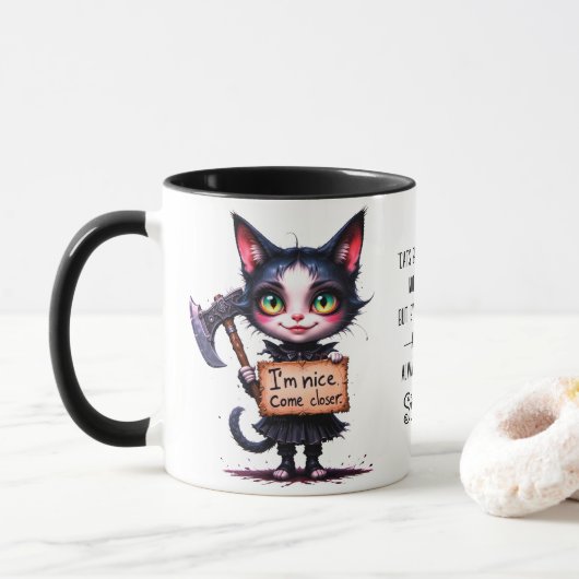 Gothik Grusel Psycho Süße Katze mit Axt Tasse (Mit Donut)