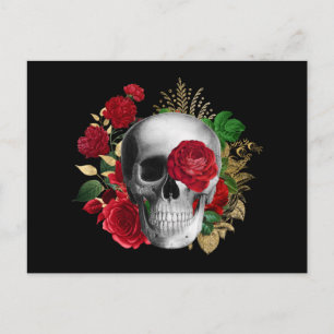 Gothik-Schädel mit roten Blumen und goldenen Blätt Feiertagspostkarte