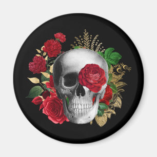 Gothik-Schädel mit roten Blumen und goldenen Blätt Magnet