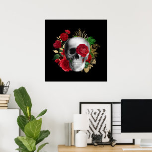 Gothik-Schädel mit roten Blumen und goldenen Blätt Poster
