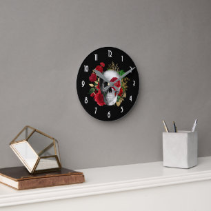 Gothik-Schädel mit roten Blumen und goldenen Blätt Runde Wanduhr