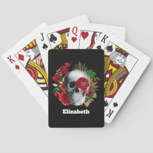 Gothik-Schädel mit roten Blumen und goldenen Blätt Spielkarten