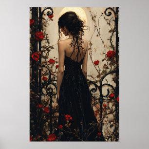 Gothische Frau in schwarzem Kleid zwischen roten R Poster