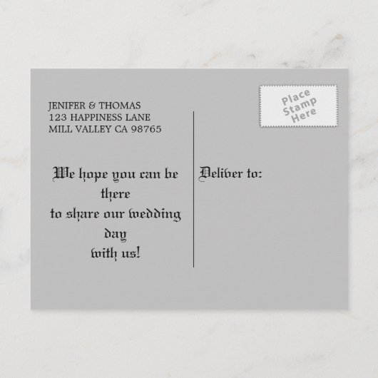 Gothische Hochzeit speichern Sie das Datum Postkar Ankündigungspostkarte (Rückseite)