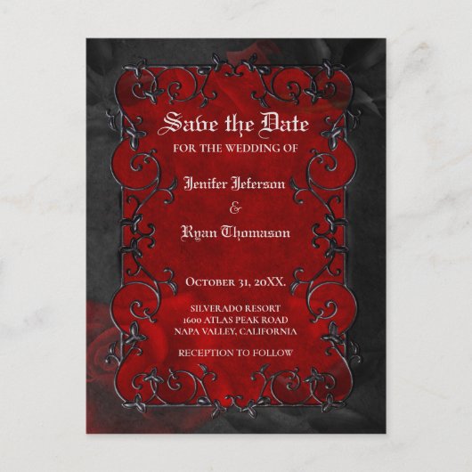 Gothische Hochzeit speichern Sie das Datum Postkar Ankündigungspostkarte (Vorderseite)