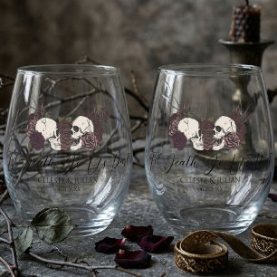 Gothische Schädel und Rosen Bis zum Tod Hochzeit Weinglas Ohne Stiel