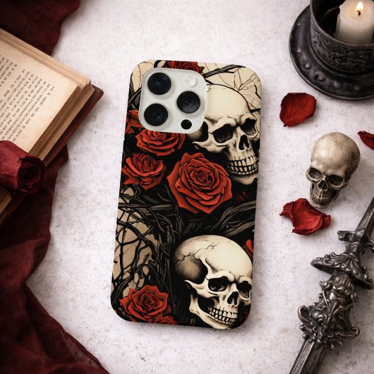 Gothische Schädel und rote Rosen iPhone Hülle