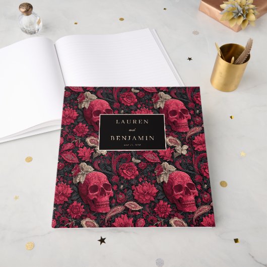 Gothische schwarze Blumen-Schädel Gästebuch (Vorderseite offen)