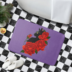 Gothische schwarze Katze rote Rosen lila Badematte