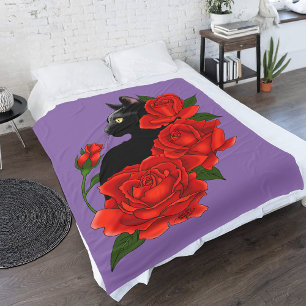 Gothische schwarze Katze rote Rosen lila Fleecedecke