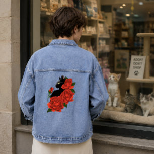 Gothische schwarze Katze rote Rosen lila Jeansjacke
