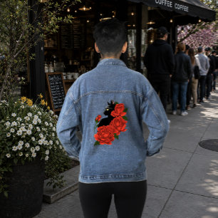 Gothische schwarze Katze rote Rosen lila Jeansjacke