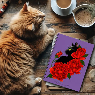 Gothische schwarze Katze rote Rosen lila Notizblock