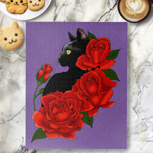 Gothische schwarze Katze rote Rosen lila Puzzle