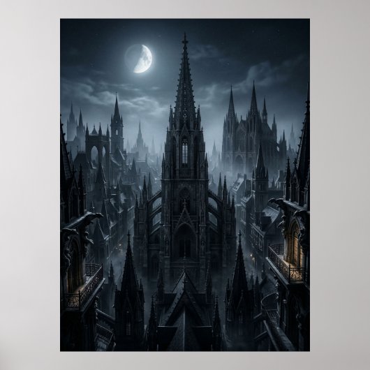 Gothische Stadttürme im Mondlicht Poster (Vorne)
