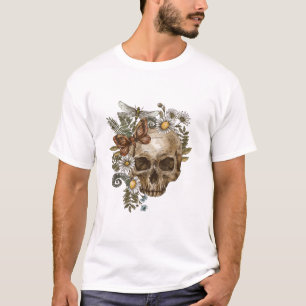 gothische Vintage-Blumen-Schädel und Schmetterling T-Shirt