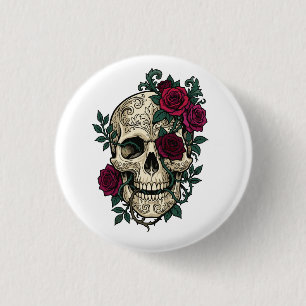 Gothischer Blumen-Zuckerschädel mit dunkelroten Ro Button