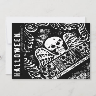 Gothischer Grabstein Schädel und Flügel Halloween- Einladung