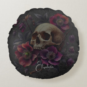 Gothischer, melancholischer Totenkopf mit Blumen Rundes Kissen