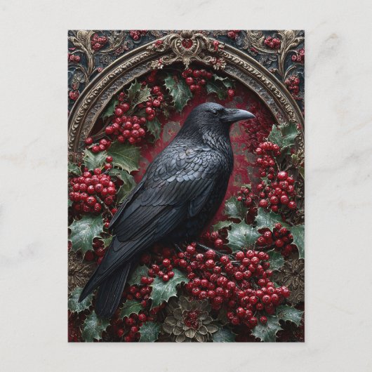 Gothischer Rabe mit Stechpalme und Beeren Postkarte (Vorderseite)