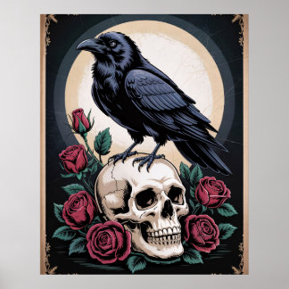 Gothischer Rabe mit Totenkopf und Rosen Poster