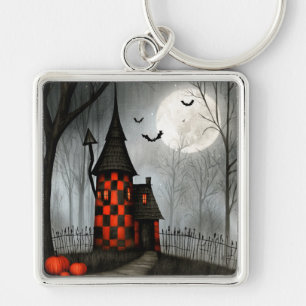 Gothischer Schachbrett-Halloween-Turm Schlüsselanhänger
