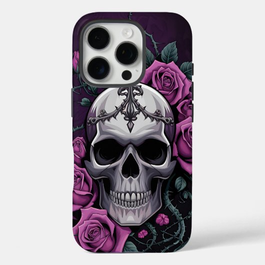 Gothischer Schädel mit Lila Rose Case-Mate iPhone Hülle (Rückseite)