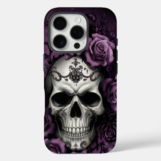 Gothischer Schädel mit Lila Rose Case-Mate iPhone Hülle (Rückseite)