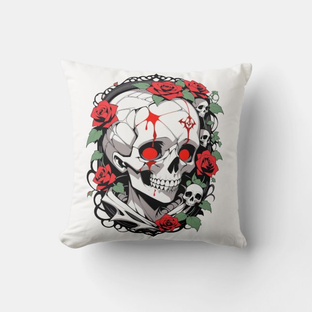Gothischer Schädel mit Rose Kissen (Vorderseite)