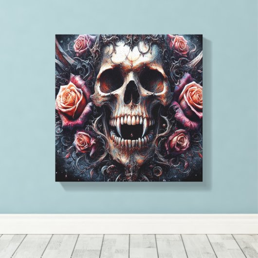 Gothischer Schädel mit Rose Leinwanddruck (Insitu (Holzboden))
