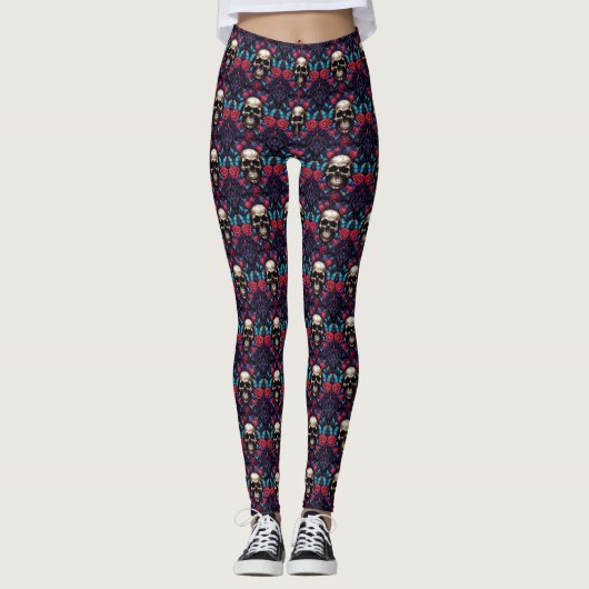 Gothischer Schädel und blaue Schmetterlinge Leggings (Vorderseite)
