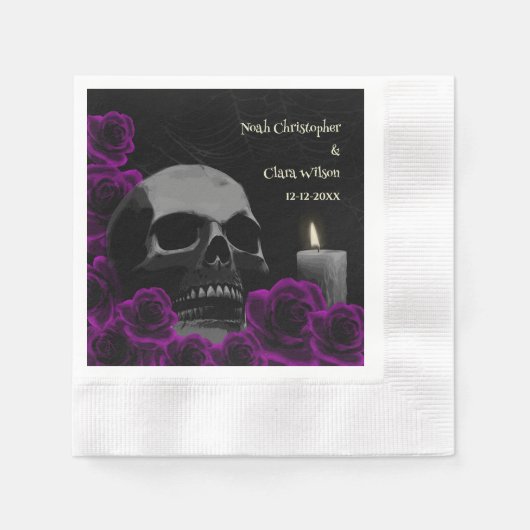 Gothischer Schädel und Lila Rose Halloween Hochzei Serviette (Vorderseite)